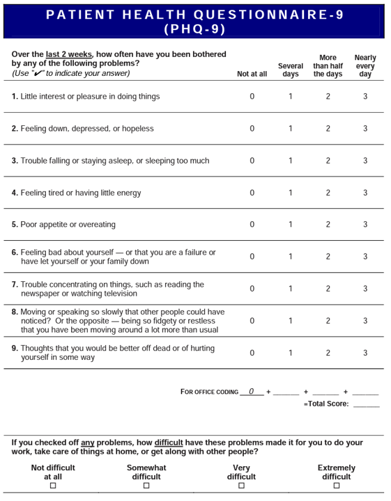 Brief PHQ-9 Screening Tool for Depression
