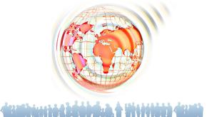 world globe with a line of people 