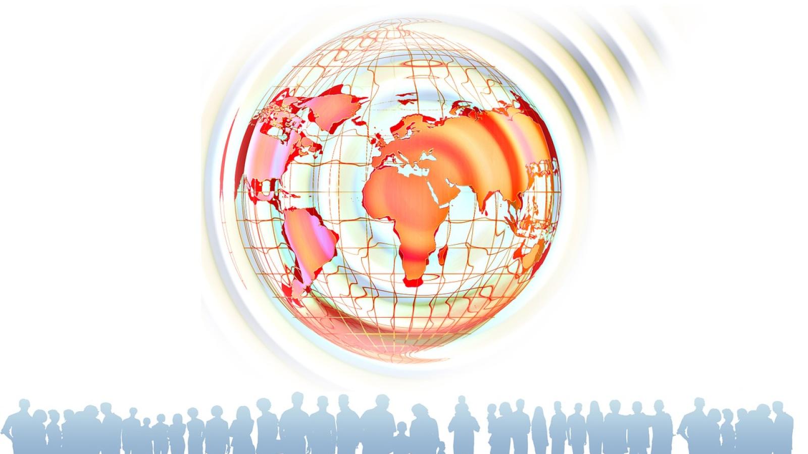 world globe with a line of people 